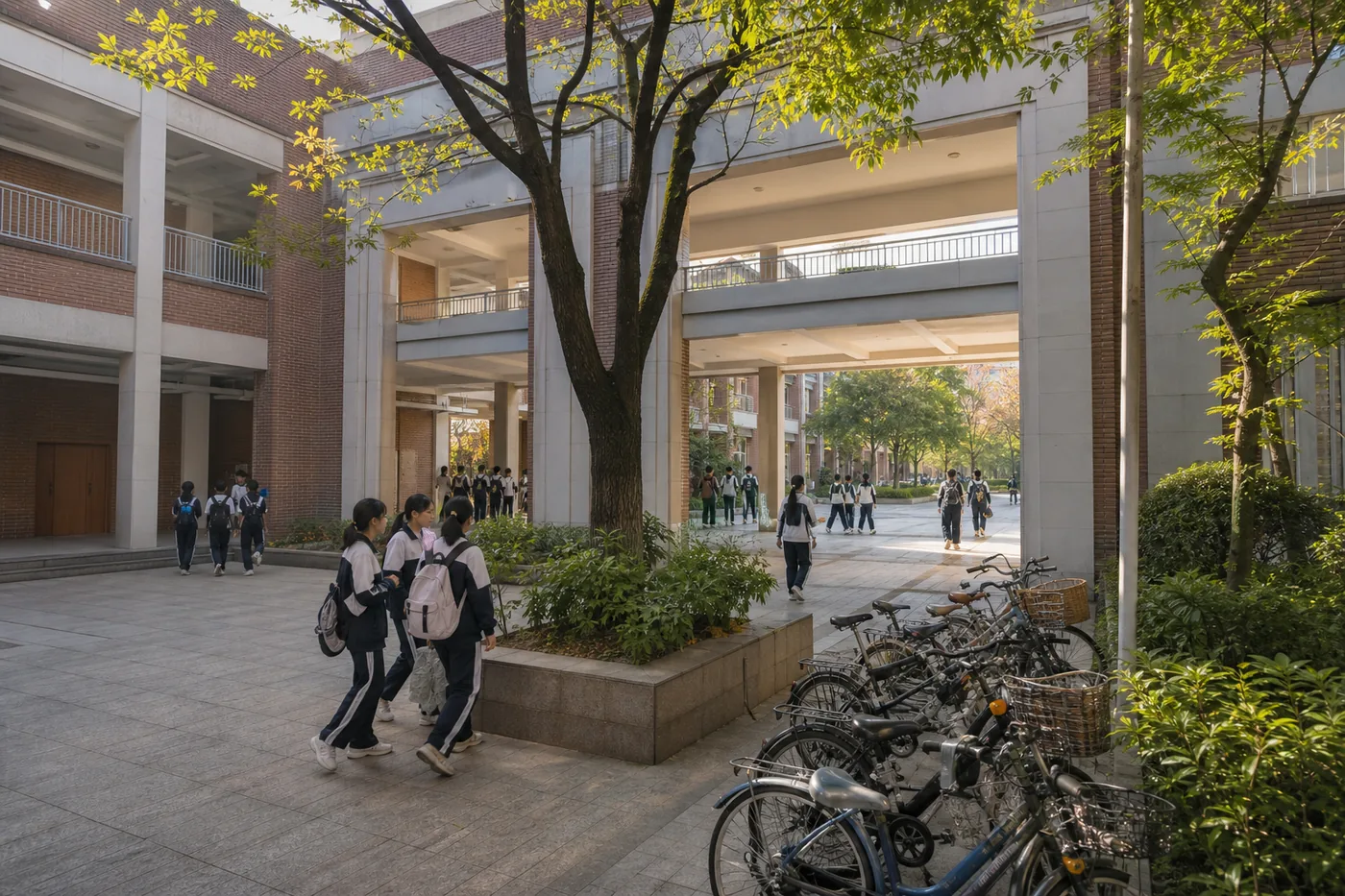 课间学生穿行于校园庭院的环境视觉占位图