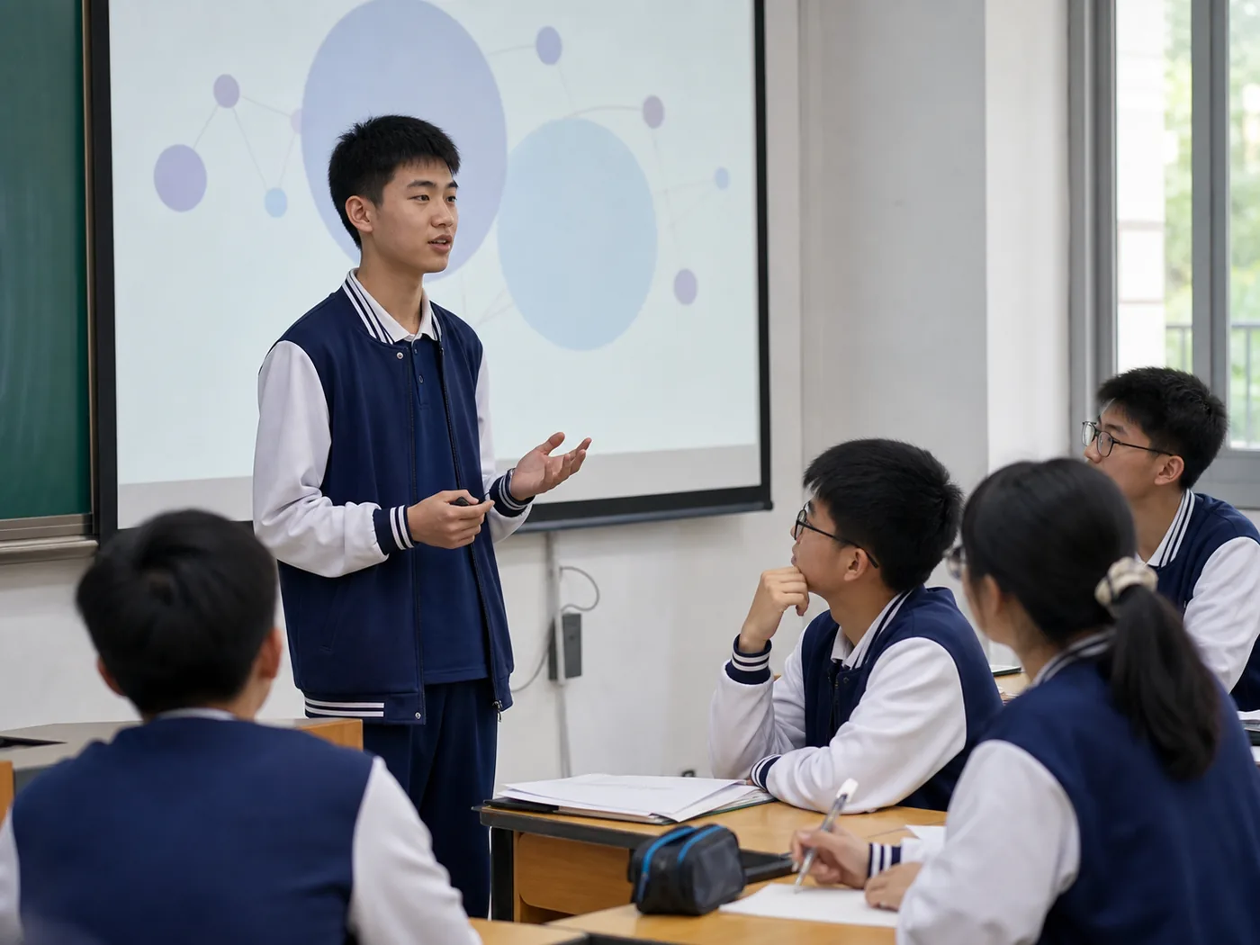 高中生进行英语主题展示并与同学交流的视觉占位图